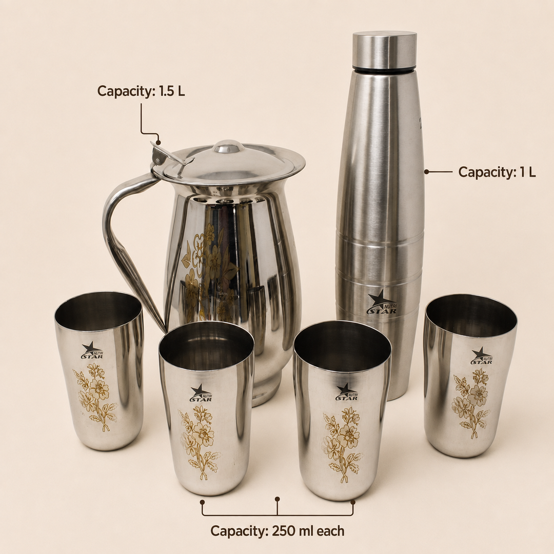 Nutristar stainless steel water serving set with jug bottle and 4 glasses