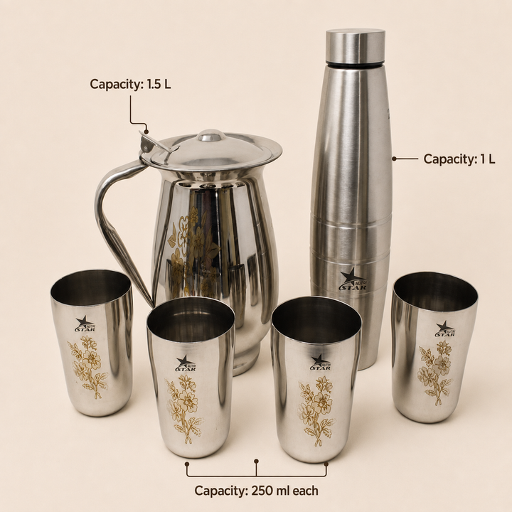 Nutristar stainless steel water serving set with jug bottle and 4 glasses