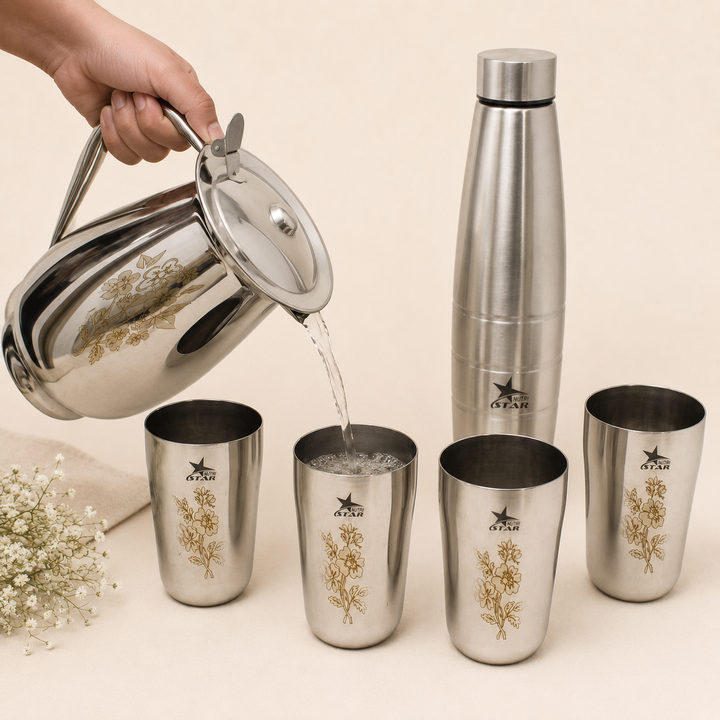 Nutristar stainless steel water serving set with jug bottle and 4 glasses