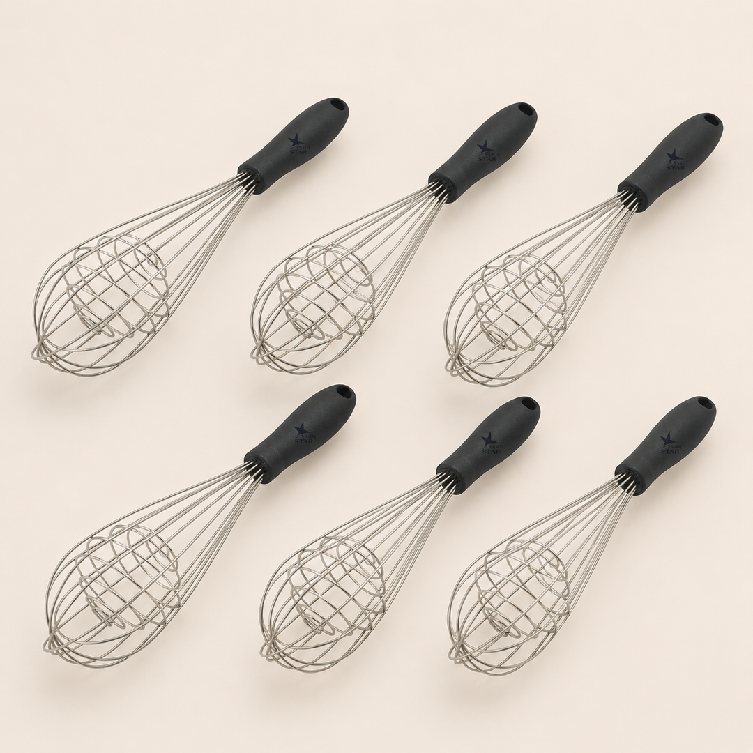 Nutristar 9 inch stainless steel spring whisk with black comfort grip handle for mixing eggs batter cream and sauces with size