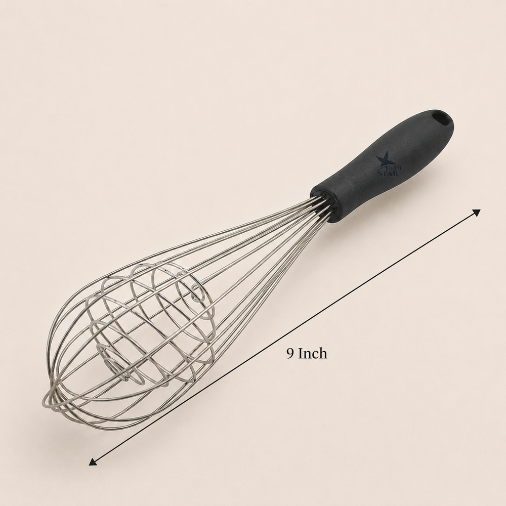 Nutristar 9 inch stainless steel spring whisk with black comfort grip handle for mixing eggs batter cream and sauces with size