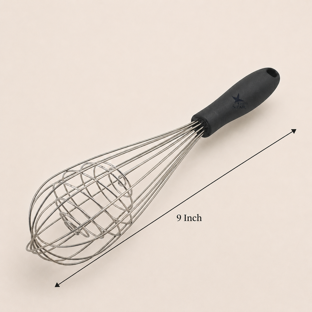 Nutristar 9 inch stainless steel spring whisk with black comfort grip handle for mixing eggs batter cream and sauces with size