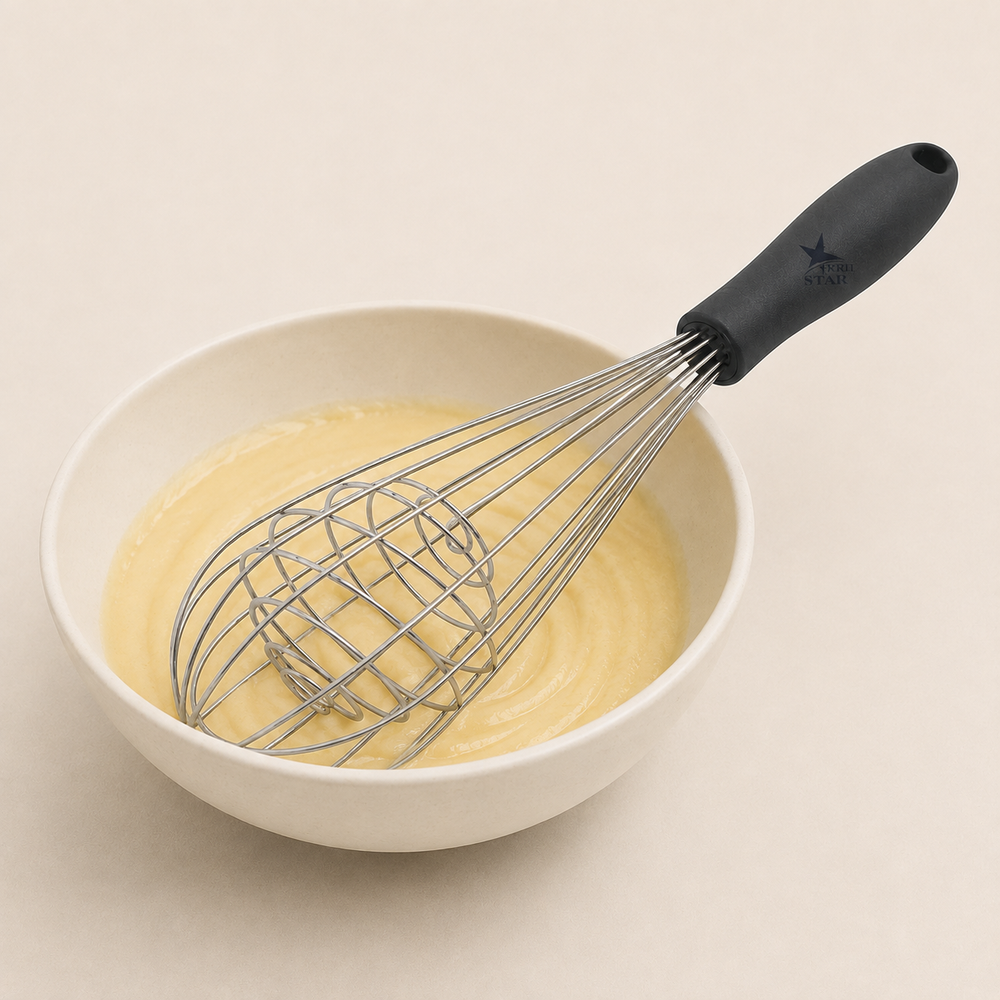 Nutristar 9 inch stainless steel spring whisk with black comfort grip handle for mixing eggs batter cream and sauces with uses