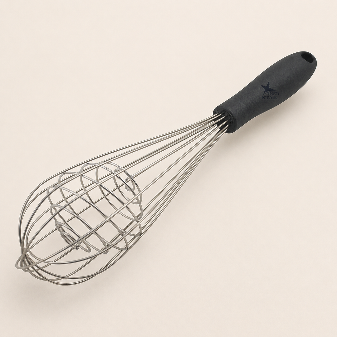 Nutristar 9 inch stainless steel spring whisk with black comfort grip handle for mixing eggs batter cream and sauces