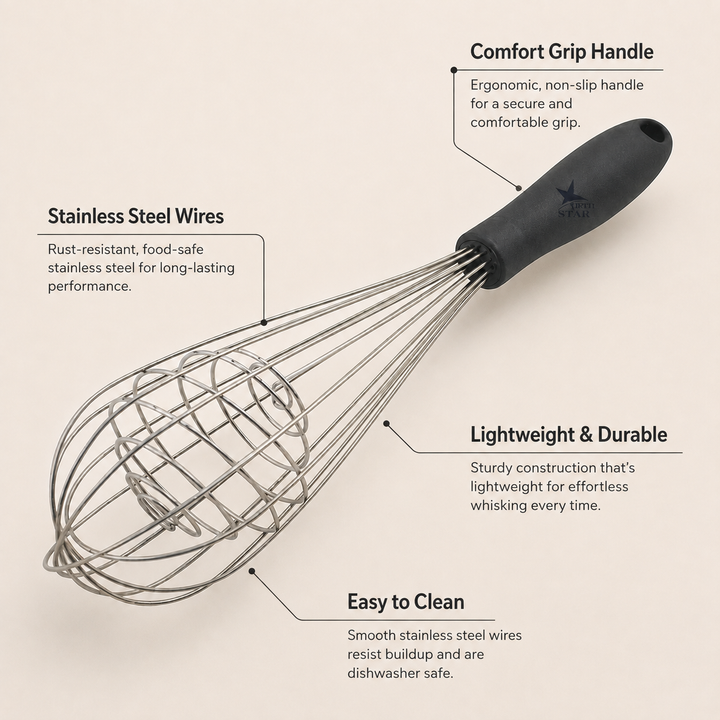 Nutristar 9 inch stainless steel spring whisk with black comfort grip handle for mixing eggs batter cream and sauces with features