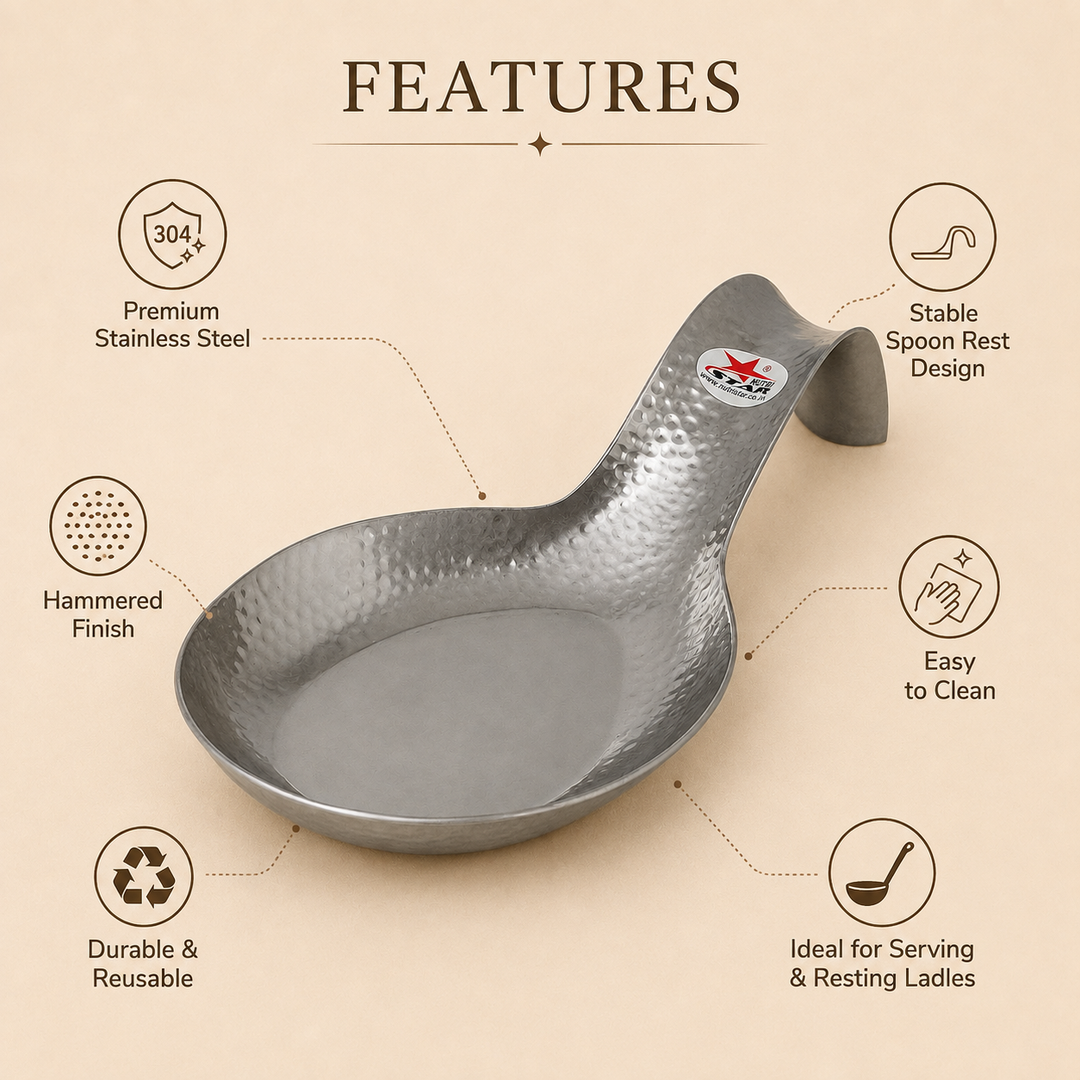 Nutristar stainless steel spoon rest and ladle holder with deep bowl and curved hammered handle
