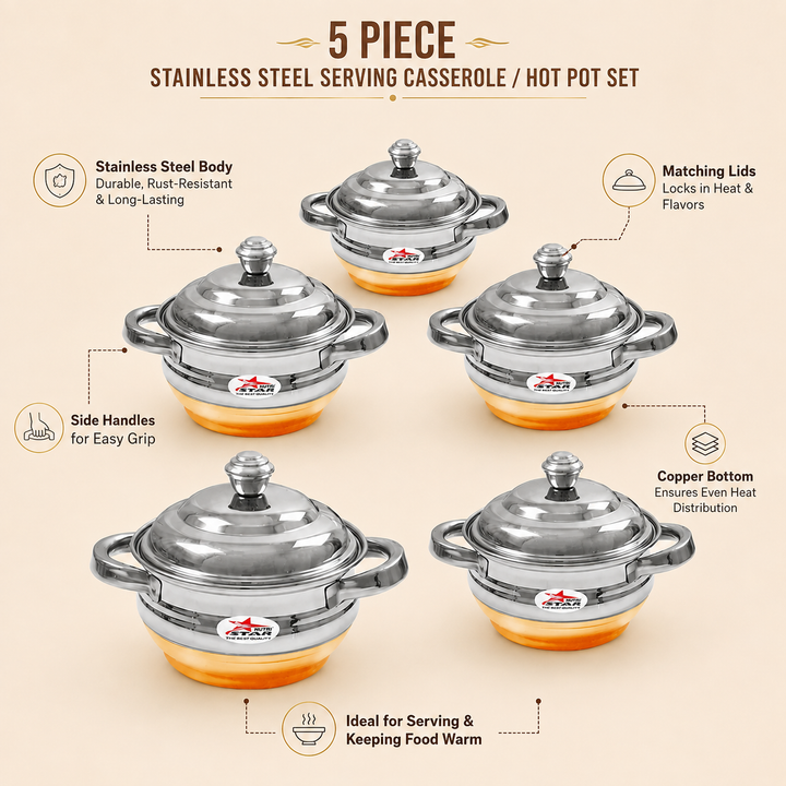 Nutristar stainless steel serving casserole set with copper bottom and lids 5 piece