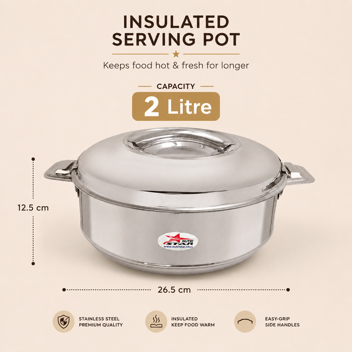 Nutristar stainless steel insulated casserole with lid and twin side handles