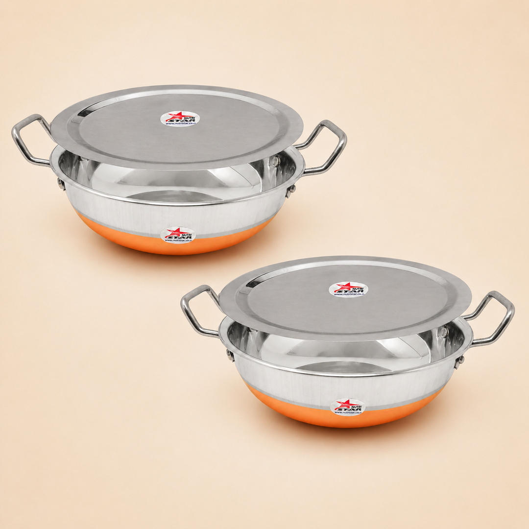 Steel Copper Bottom Kadhai/Wok with Lid, Cookware, Cooking Utensil, Pack of 2.