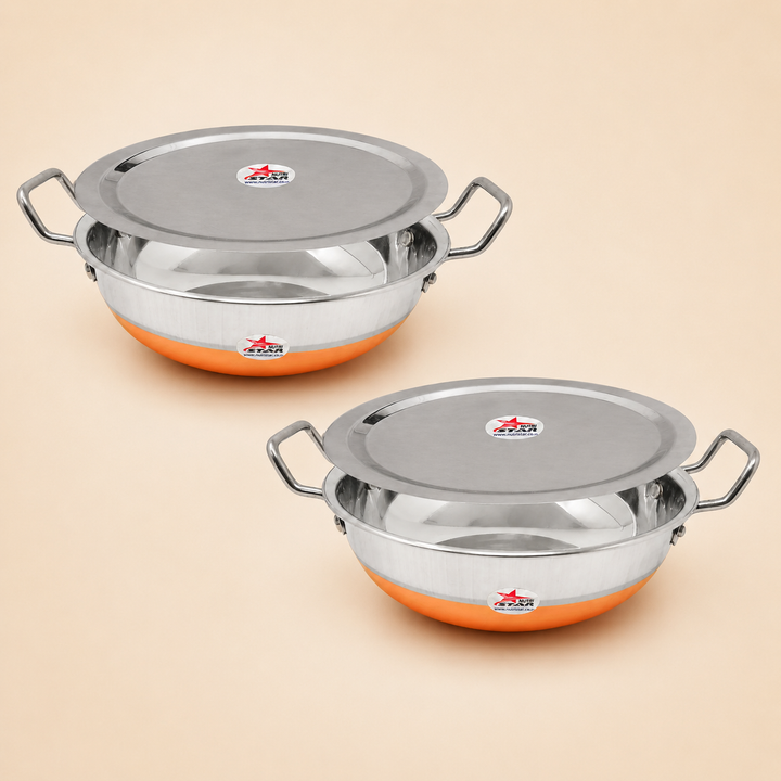 Steel Copper Bottom Kadhai/Wok with Lid, Cookware, Cooking Utensil, Pack of 2.