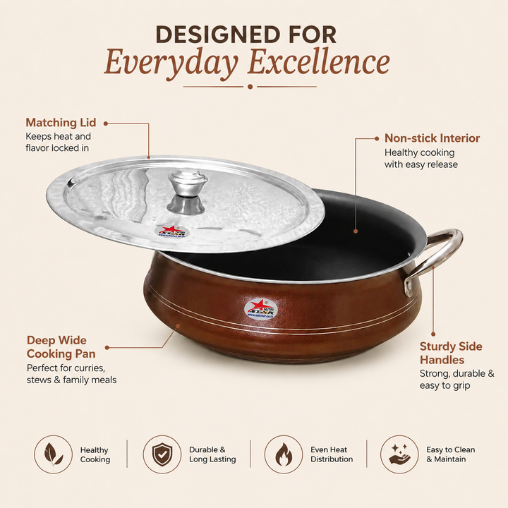 Nutristar Non-Stick Kadai with Stainless Steel Lid &amp; Side Handles – 13, 15 &amp; 17 Inch