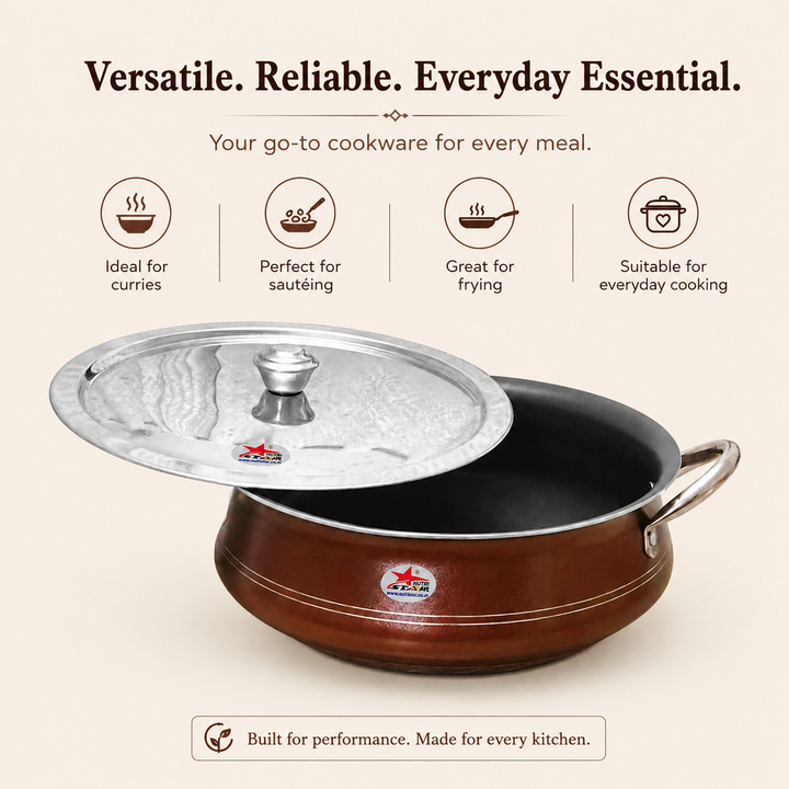 Nutristar Non-Stick Kadai with Stainless Steel Lid &amp; Side Handles – 13, 15 &amp; 17 Inch uses