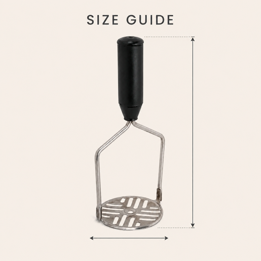 Nutristar stainless steel potato masher with black comfort grip handle and slotted mashing plate