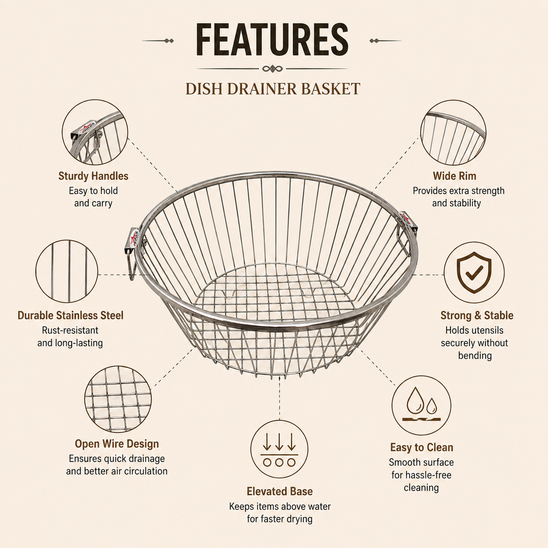 Nutristar stainless steel round dish drainer basket with side handles and open wire drainage design