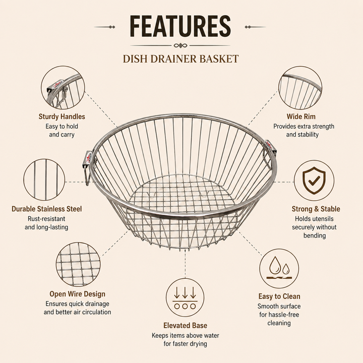 Nutristar stainless steel round dish drainer basket with side handles and open wire drainage design