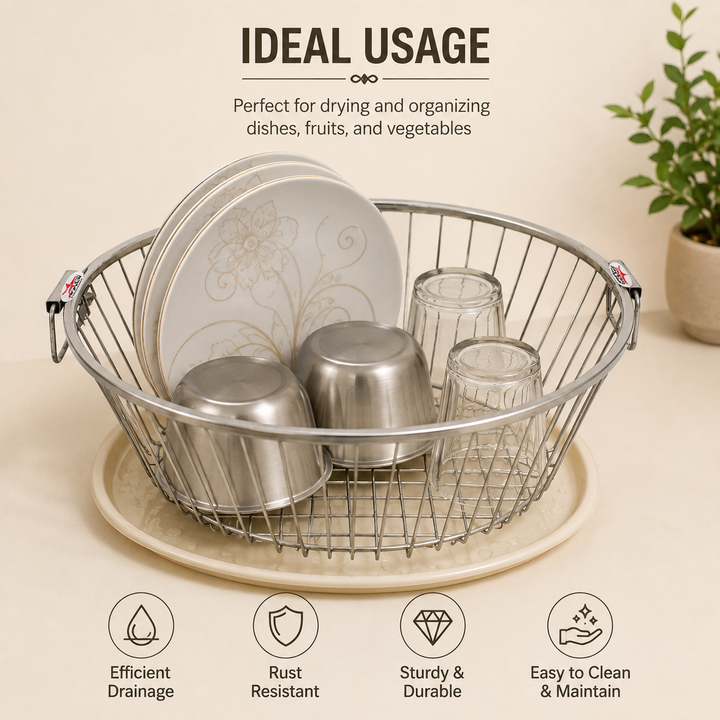 Nutristar stainless steel round dish drainer basket with side handles and open wire drainage design