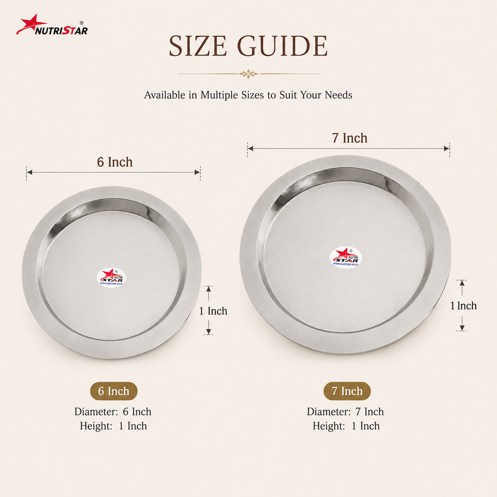 Nutristar stainless steel round serving plates available in 6, 7, 9 and 10 inch sizes