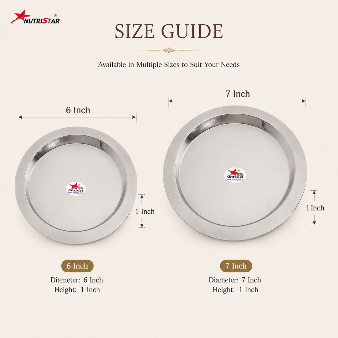 Nutristar stainless steel round serving plates available in 6, 7, 9 and 10 inch sizes