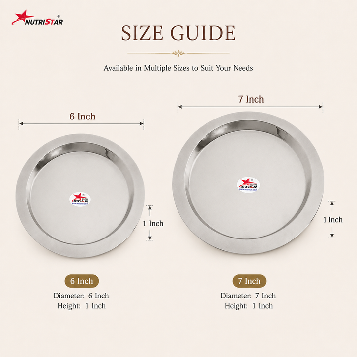 Nutristar stainless steel round serving plates available in 6, 7, 9 and 10 inch sizes