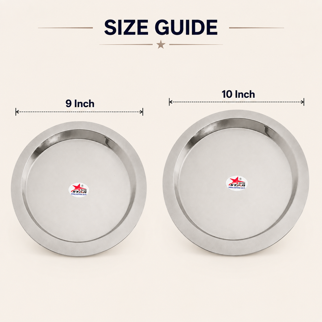 Nutristar stainless steel round serving plates available in 6, 7, 9 and 10 inch sizes