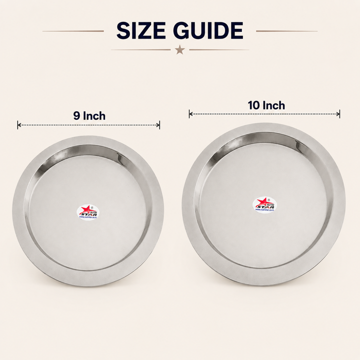 Nutristar stainless steel round serving plates available in 6, 7, 9 and 10 inch sizes