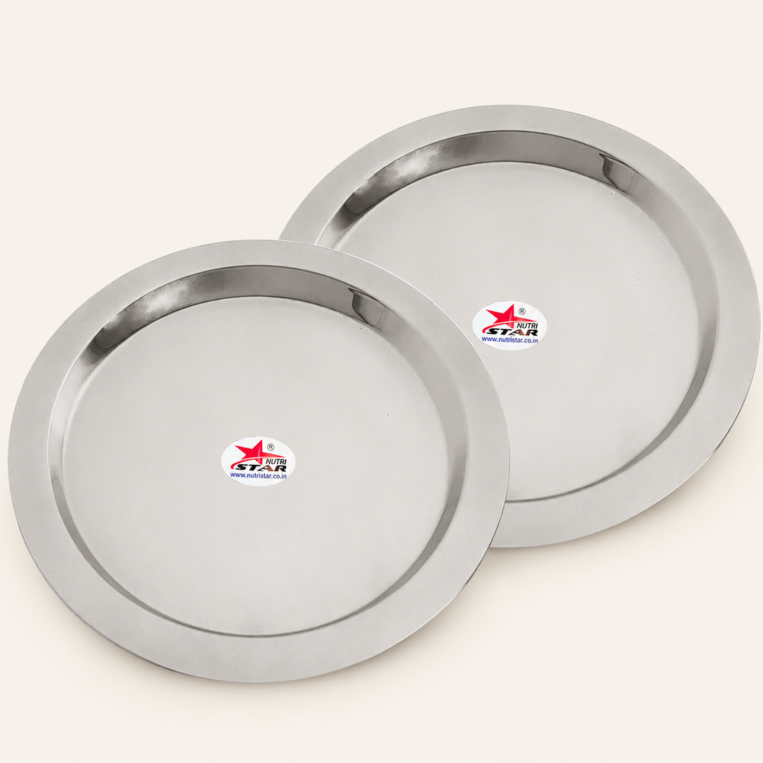 Nutristar stainless steel round serving plates available in 6, 7, 9 and 10 inch sizes