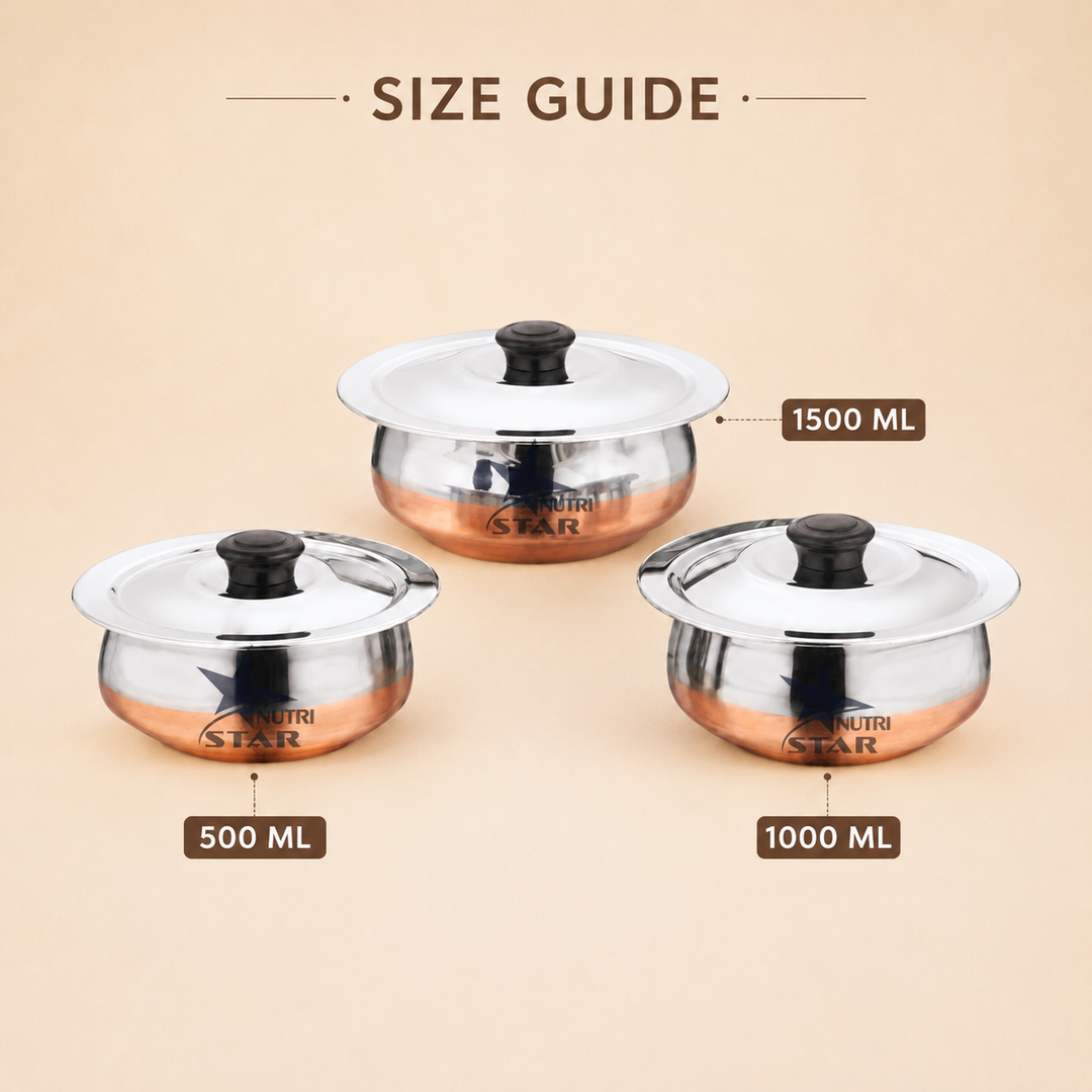 Nutristar stainless steel serving handi set with copper bottom and lids 3 piece