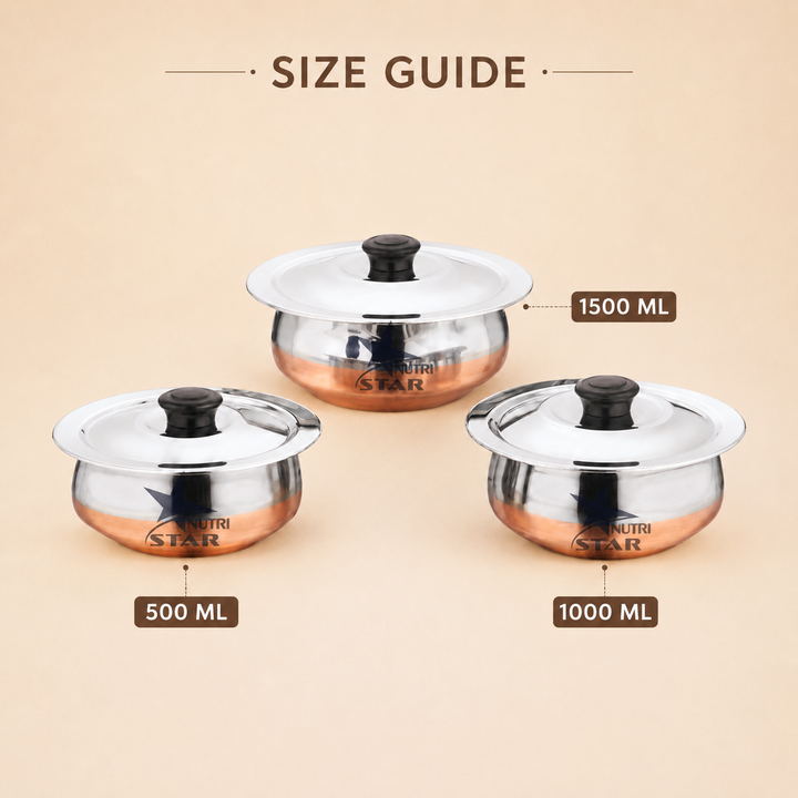 Nutristar stainless steel serving handi set with copper bottom and lids 3 piece