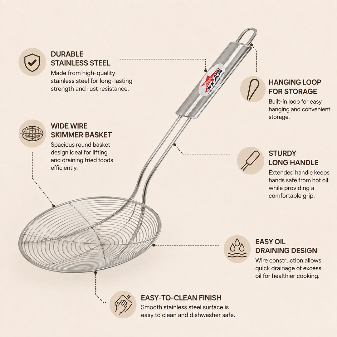 Nutristar stainless steel wire skimmer jhara with long handle