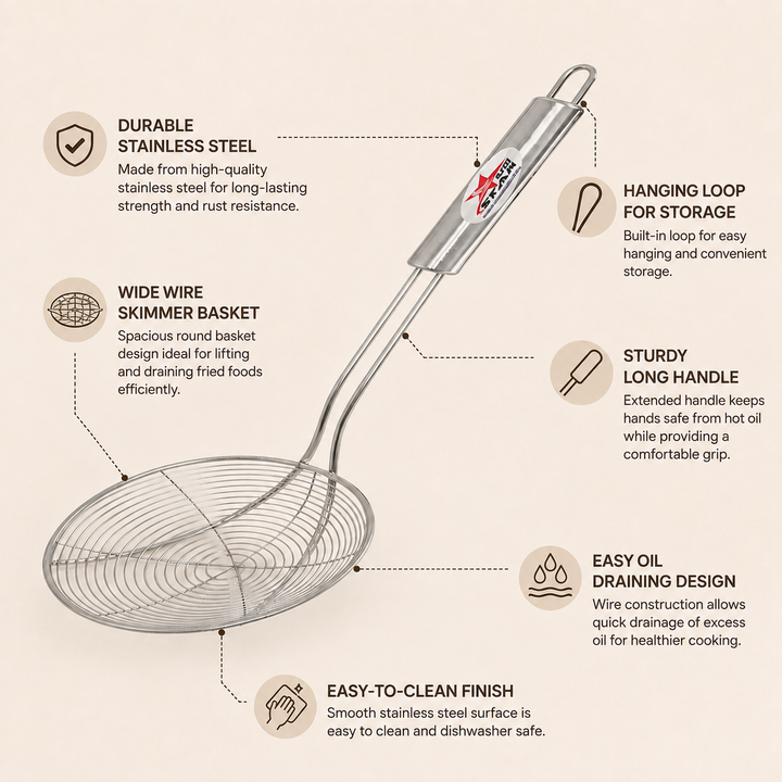 Nutristar stainless steel wire skimmer jhara with long handle