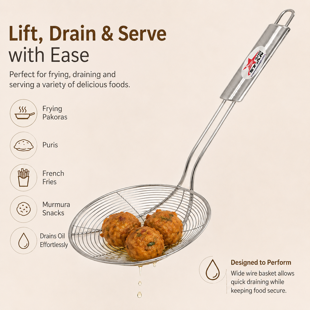 Nutristar stainless steel wire skimmer jhara with long handle