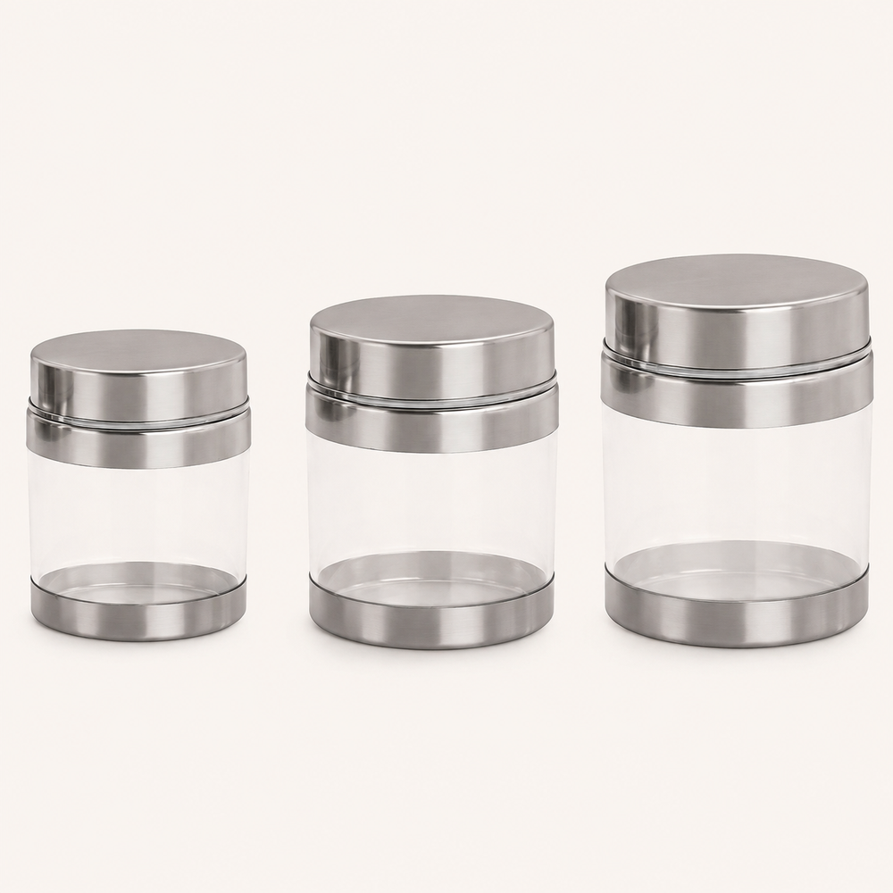 Nutristar transparent kitchen storage container set of 3 with stainless steel lids in assorted sizes