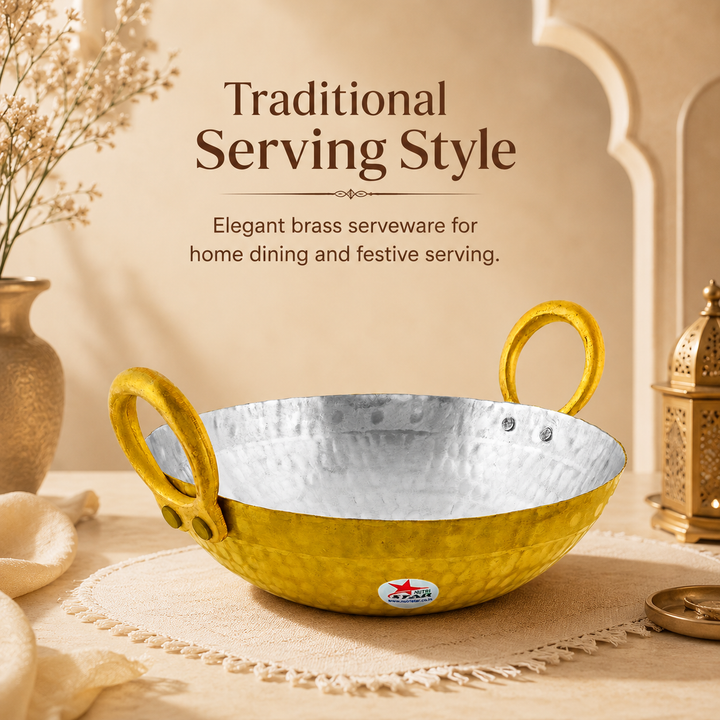 Brass Kadhai Cooking Pot, Brass Fry Pan/Wok, Tin Coating Inside Its Surface. - size guide