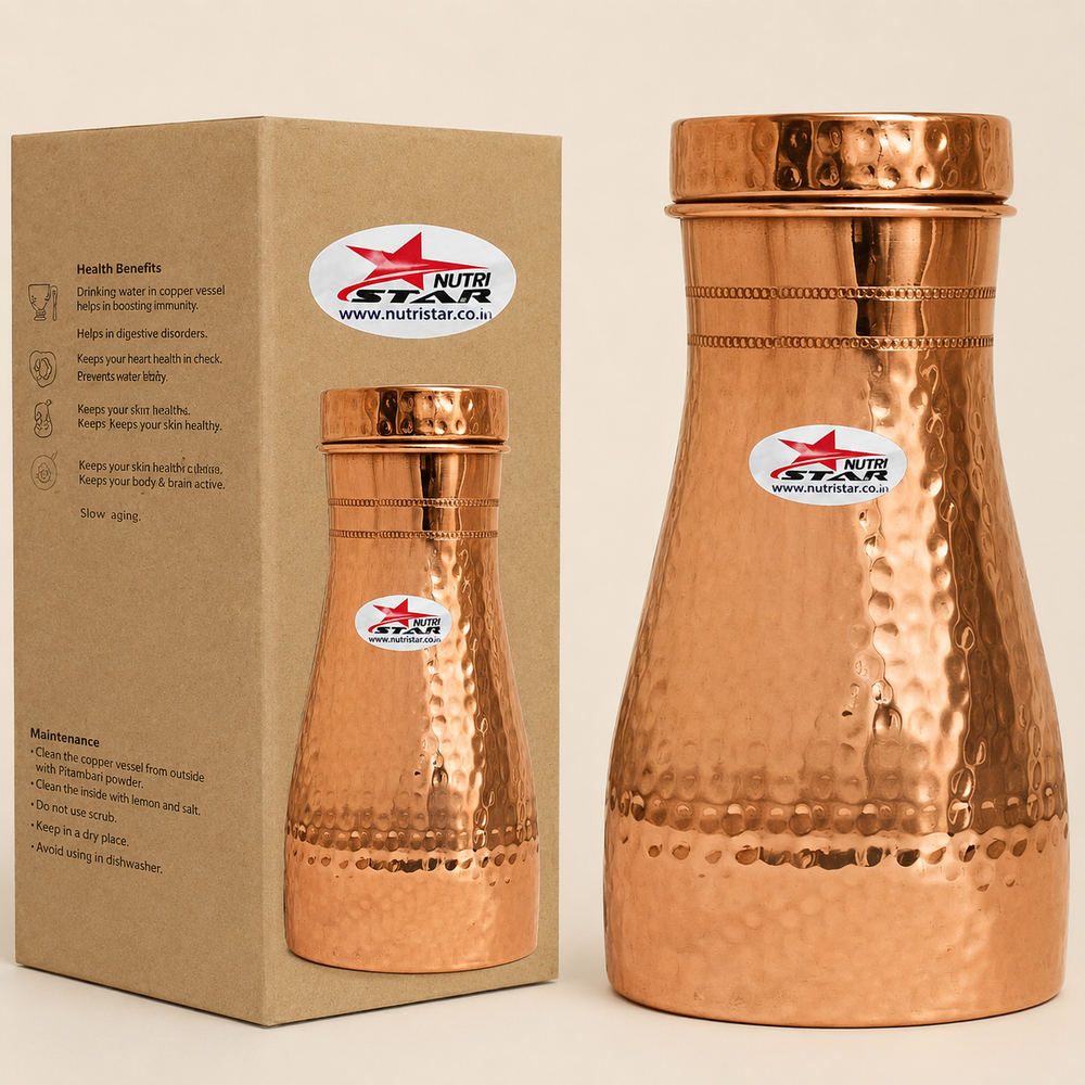Hammered copper water carafe with fitted lid tapered body and durable construction