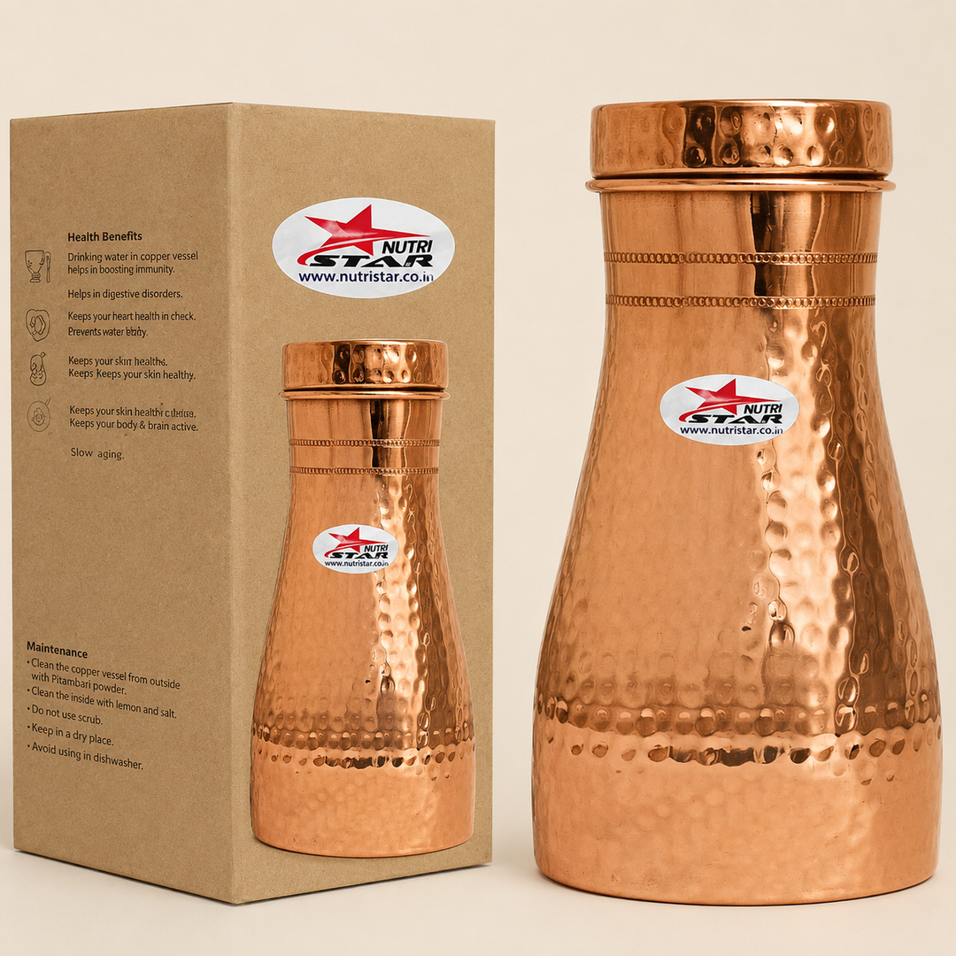 Hammered copper water carafe with fitted lid tapered body and durable construction
