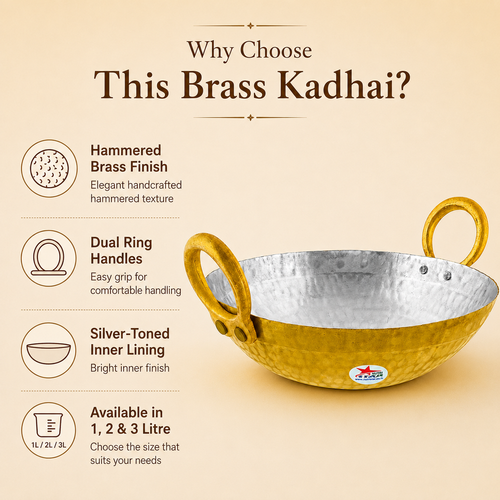 Brass Kadhai Cooking Pot, Brass Fry Pan/Wok, Tin Coating Inside Its Surface. - uses