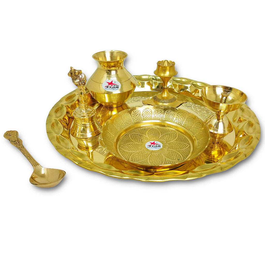 Brass Pooja Thali Set Gold, 10 inch Puja Thali,Prasad Bowl,Camphor Brass  Pooja THALI Set (Set of 6 pcs) 10 inches