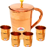 Copper Jug and Glasses with Lid, Copper Water Jug and 4 Glass Set, Drinkware, Jug Capacity - 1 Liters.