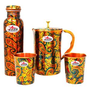 Drinkware Set | Copper Bottle Copper Jug Copper Glasses Printed Design