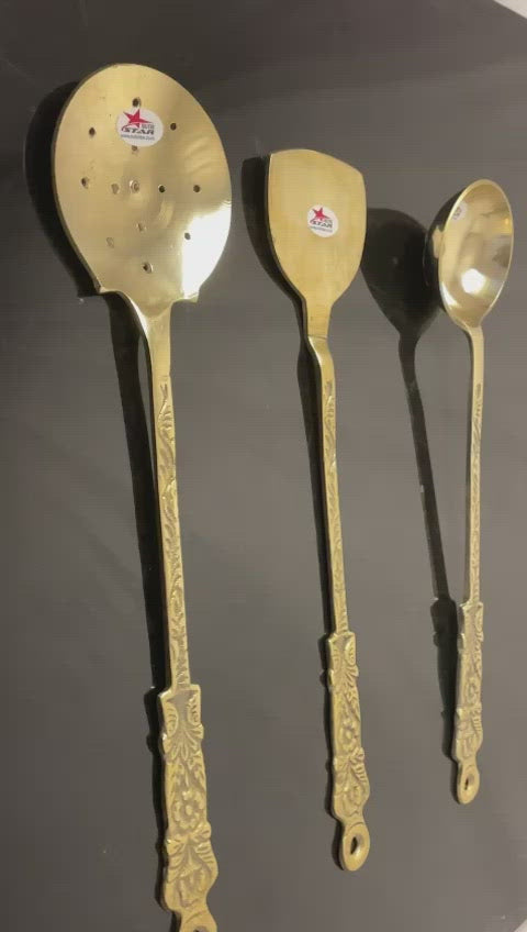 Skimmer, Ladle, Solid Turner, Brass Cooking Spoons For Kitchen, Set of 3.