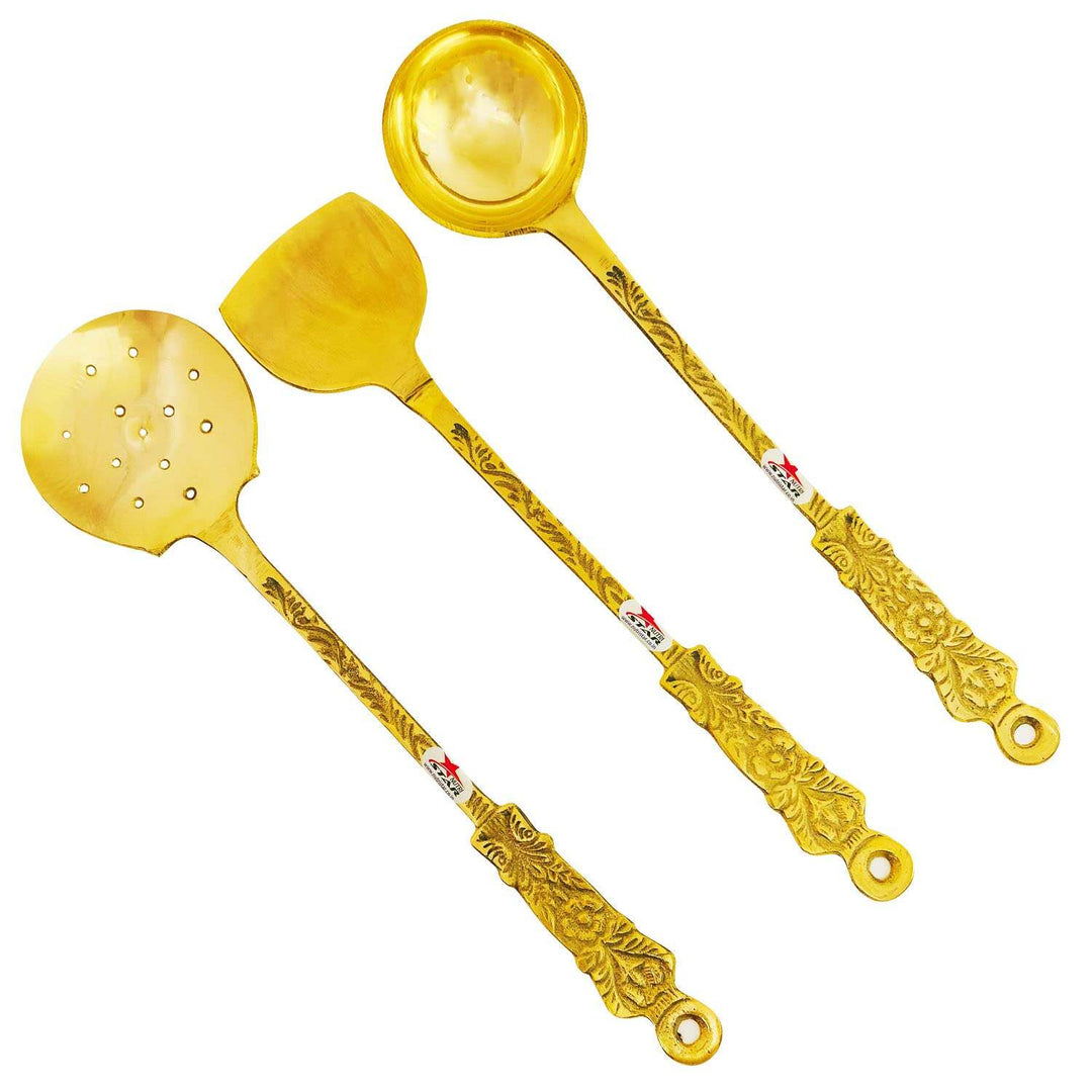 Skimmer, Ladle, Solid Turner, Brass Cooking Spoons For Kitchen, Set of 3.