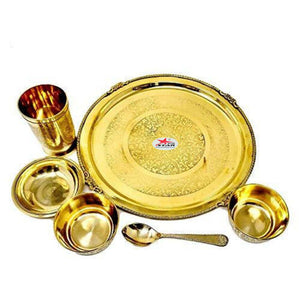 Brass Dinner Set, 1 Plate, 3 Bowls, 1 Spoon, and 1 Glass, 6 Piece Set.