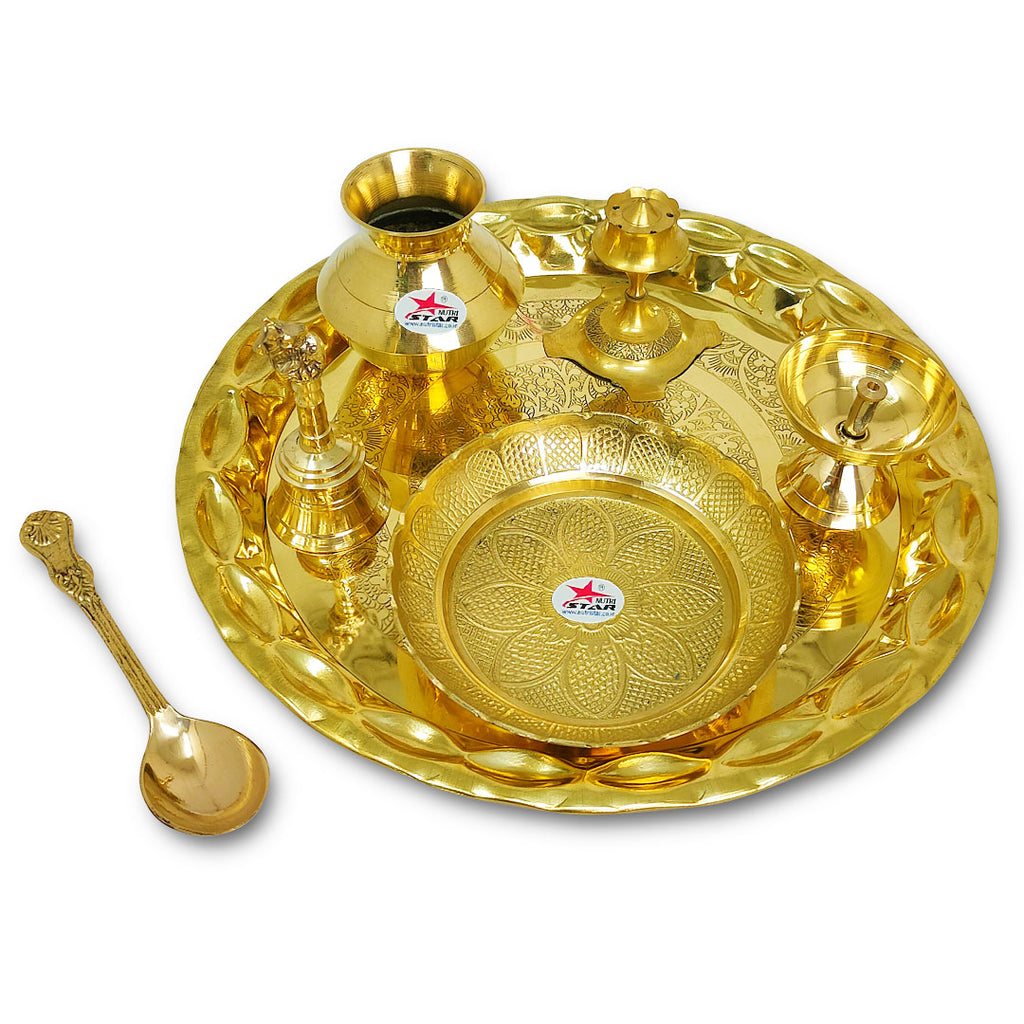 Brass Traditional German Silver Pooja Thali Set,Silver & Gold