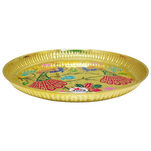 Pure Brass Plate for Puja engraved Printed Peacock Design Inside (Set of 12)
