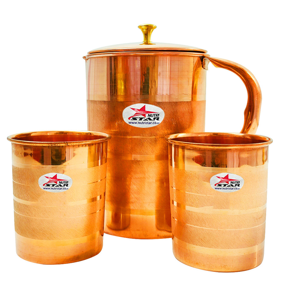 Copper Jug and 2 Glass Set, Drinkware, Jug Capacity - 1.5 Liters.