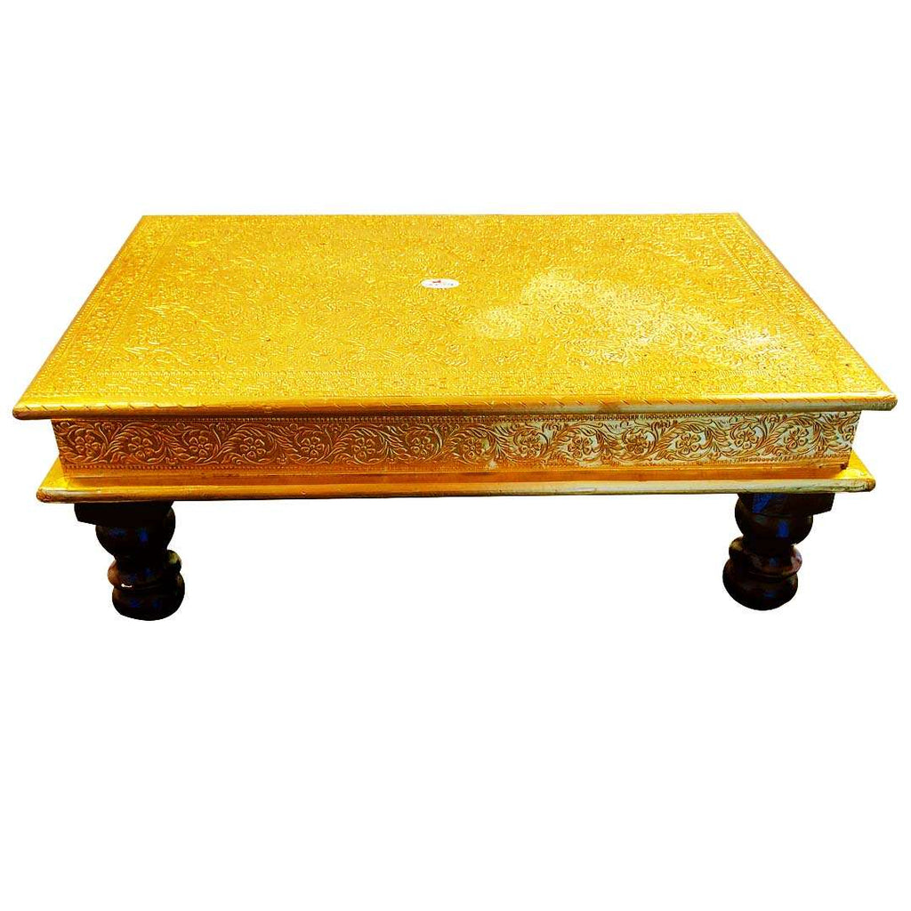 Wooden Chowki with Handcrafted Brass Sheet Wor
