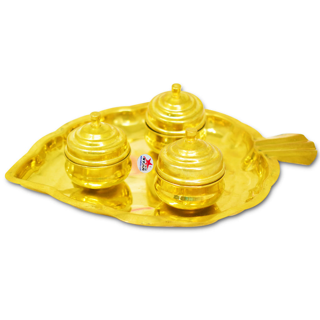 Gift Box Plate Brass Leaf Design kumkum box with 3 bowls attached (Set of 5)