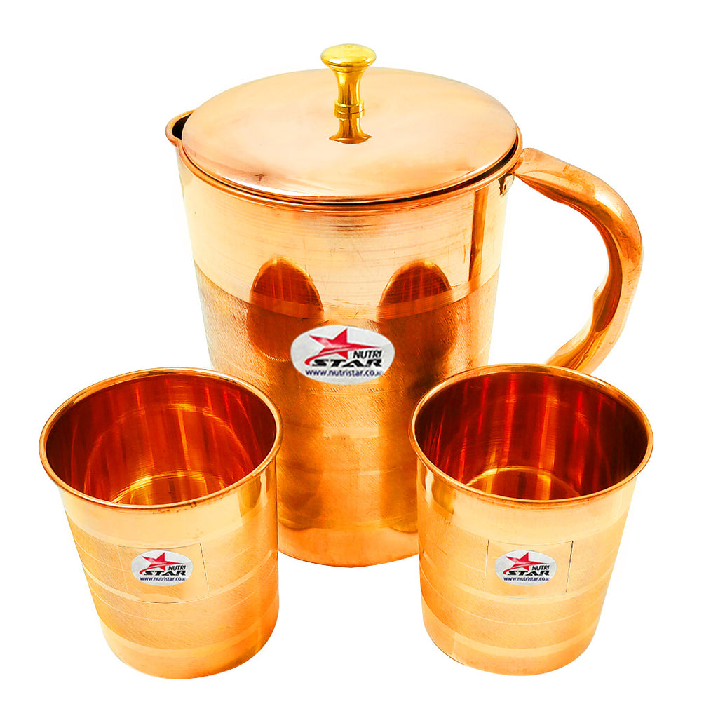 Copper Jug and 2 Glass Set, Drinkware, Jug Capacity - 1.5 Liters.
