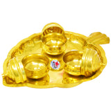 Gift Box Plate Brass Leaf Design kumkum box with 3 bowls attached (Set of 5)