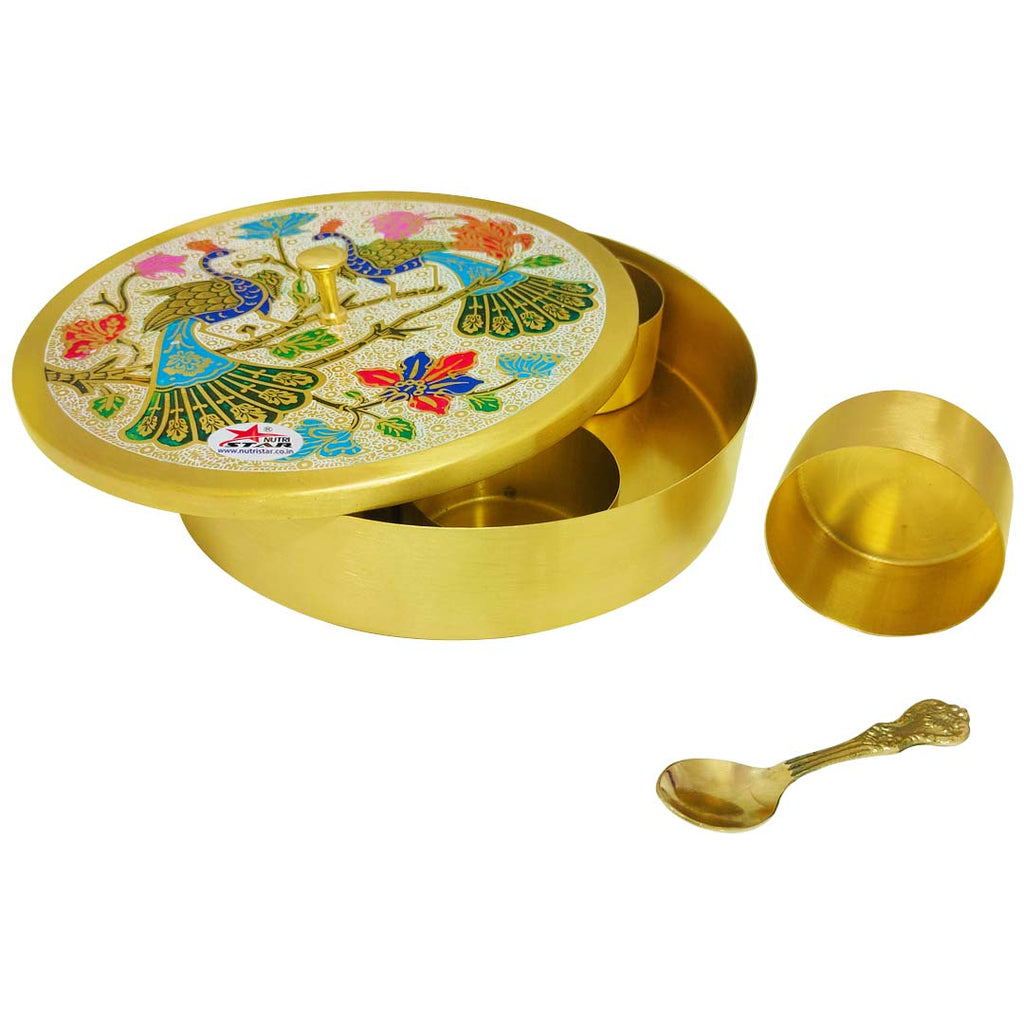 Brass Masala Box, Spice Container with 7 Compartments with Meenakari design on the Lid, 7 Inch (Set of 2)